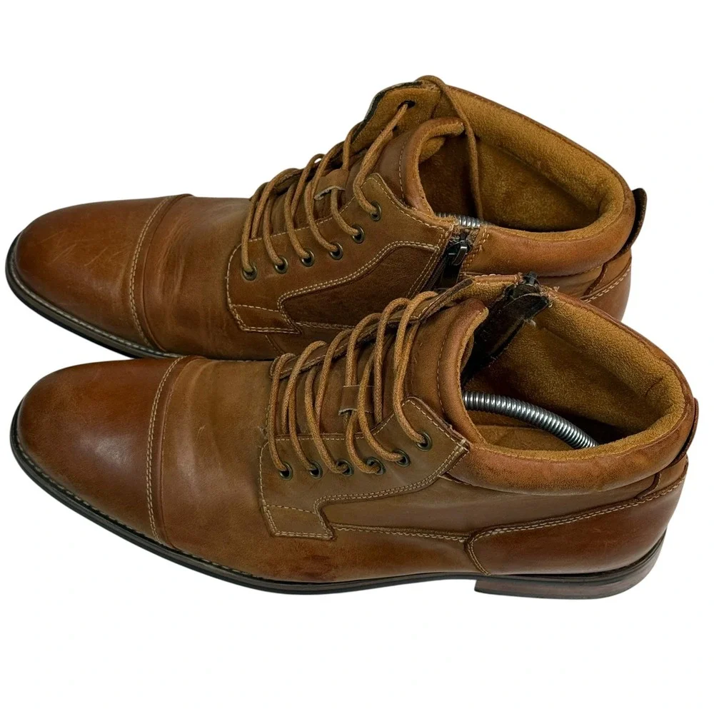 Kunsto Men Light Brown Leather Cap Toe Lace Up Side Zip Ankle Boots 12 SN4954-01